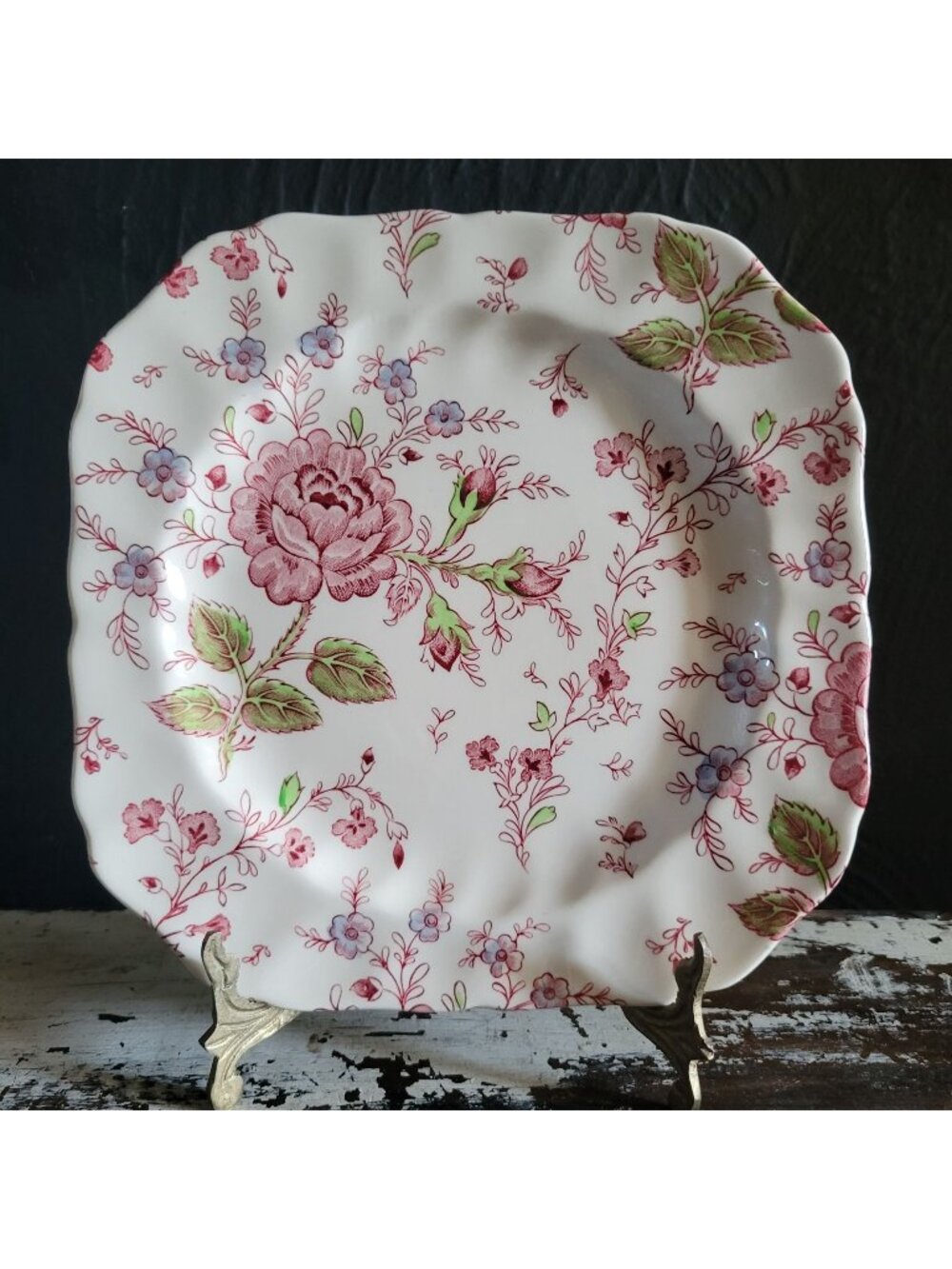 Vintage Johnson Brothers Rose Chintz Pink Square Plate Black Backstamp Ironstone